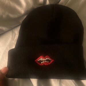 Chrome Hearts Black Beanie with Red Lips Patch